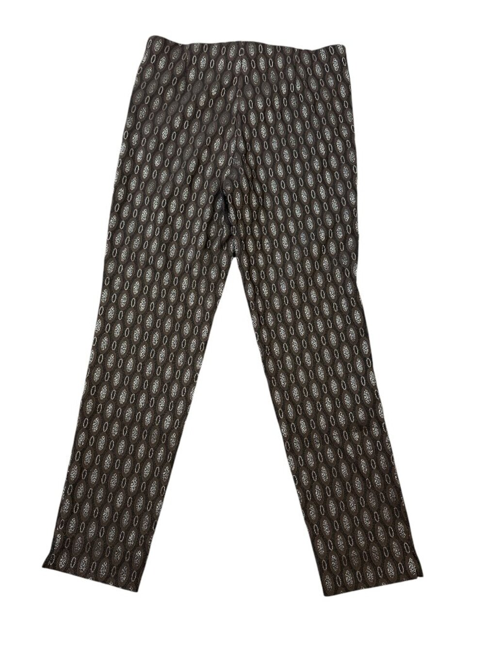 NIC+ZOE Slim Ankle Pants Brown Silver Geometric Oval Print Womens Size 10